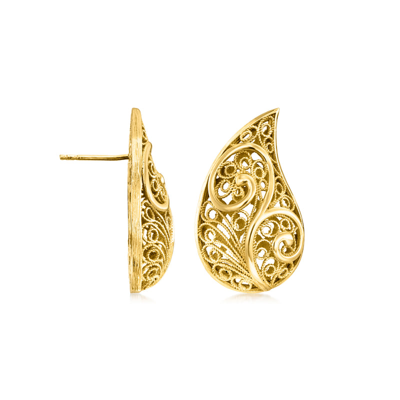 18kt gold over sterling filigree teardrop drop earrings, ornate oval side view