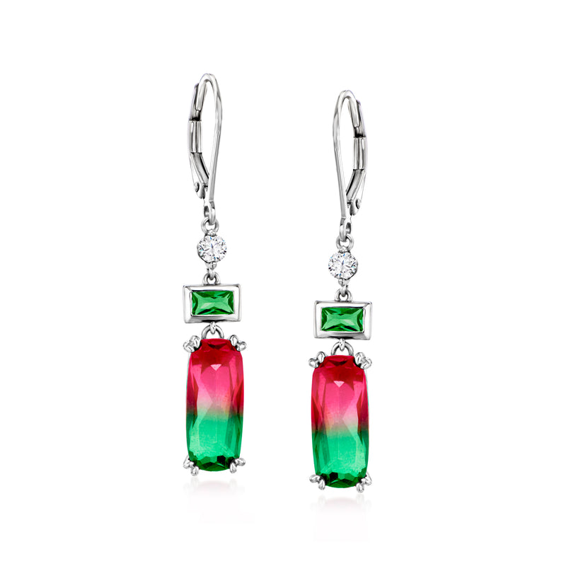 Sterling silver drop earrings with leverback closures, red-green faceted stones and green CZ