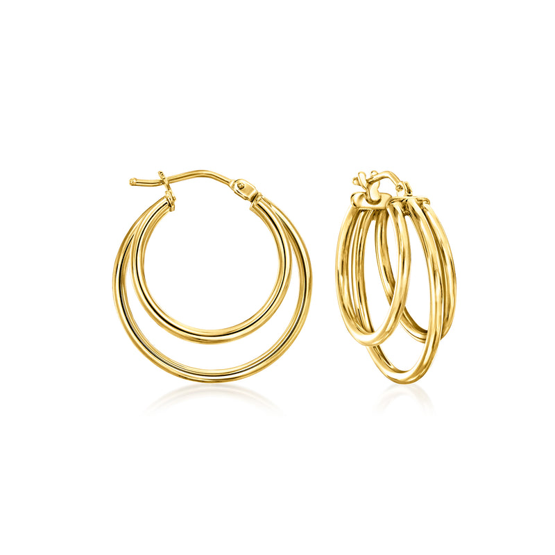 Yellow gold triple-hoop hoop earrings with hinged posts