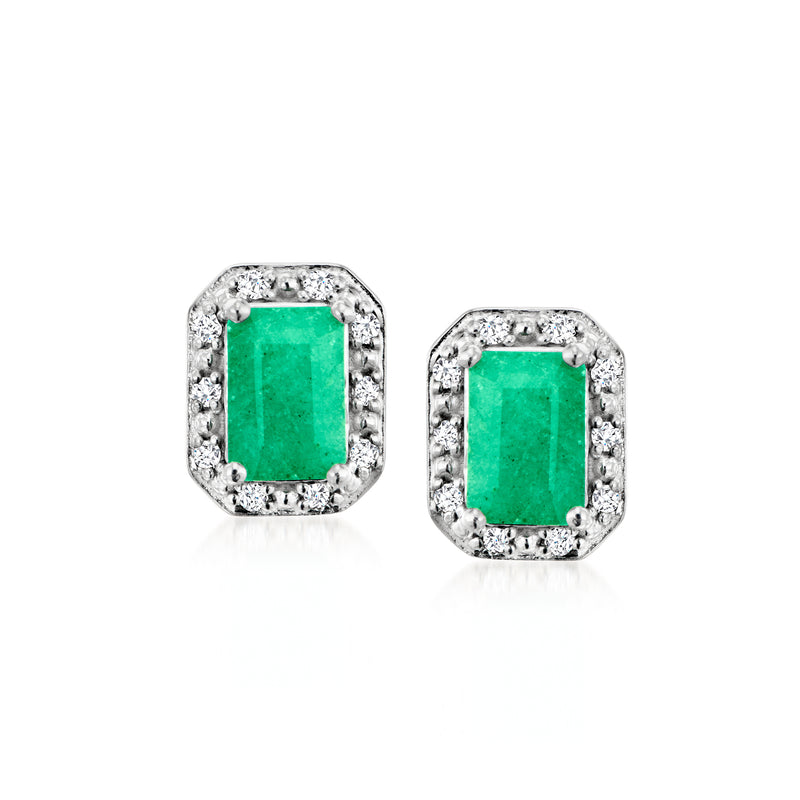 Sterling silver post earrings with square emerald-green gemstone and white topaz halo