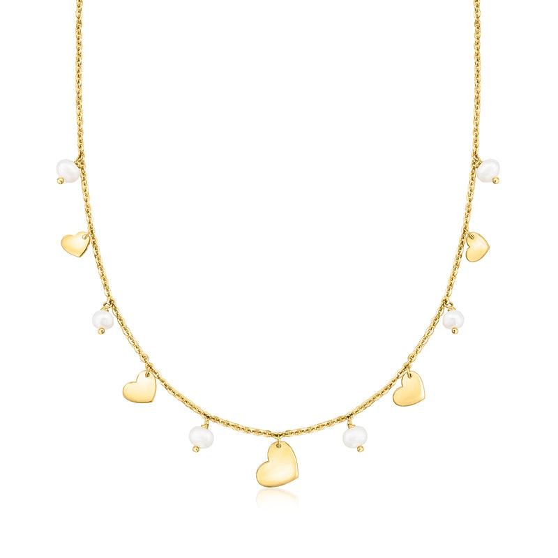 18kt gold over sterling necklace with heart charms and cultured pearl accents