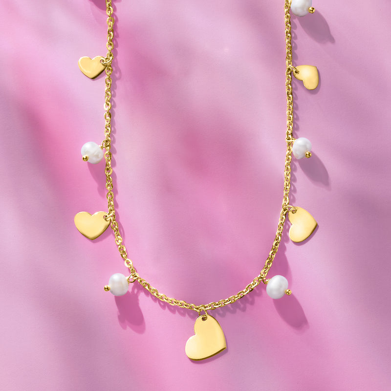 18kt gold over sterling heart station necklace with cultured pearls and dangling charms