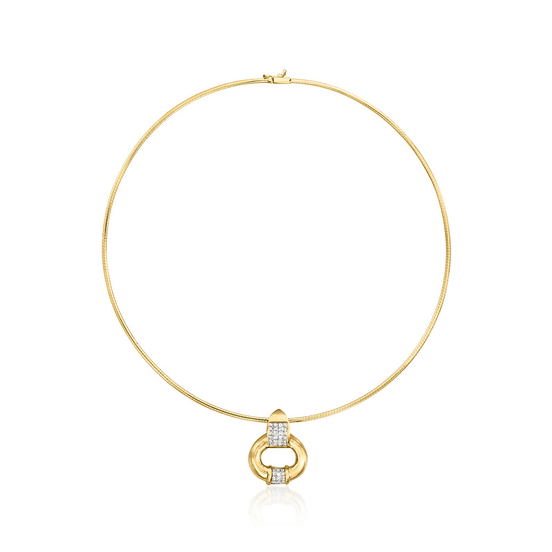 18kt yellow gold omega necklace with diamond-accented pendant on a round chain
