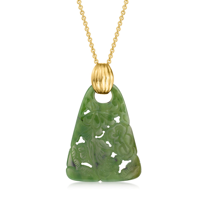 Carved green nephrite pendant necklace with 14kt yellow gold chain and gold bail.