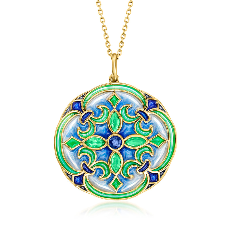 Round gold-tone chain pendant with blue and green enamel floral design