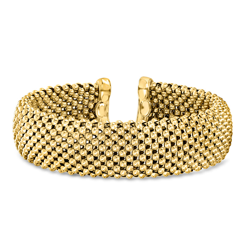 Gold over sterling popcorn-chain mesh cuff bracelet with scalloped bead texture