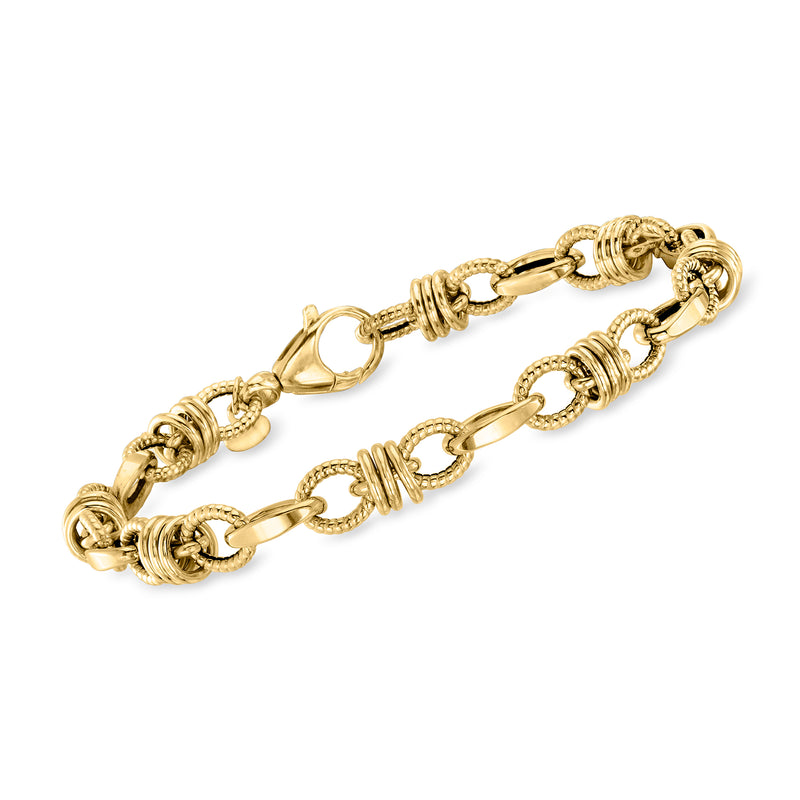 Yellow gold alternating oval and barrel-link bracelet with clasp and polished finish