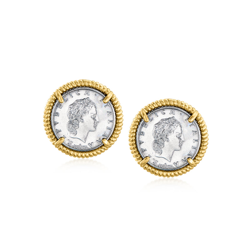 Gold-tone beaded rim coin stud earrings with profile design, round face