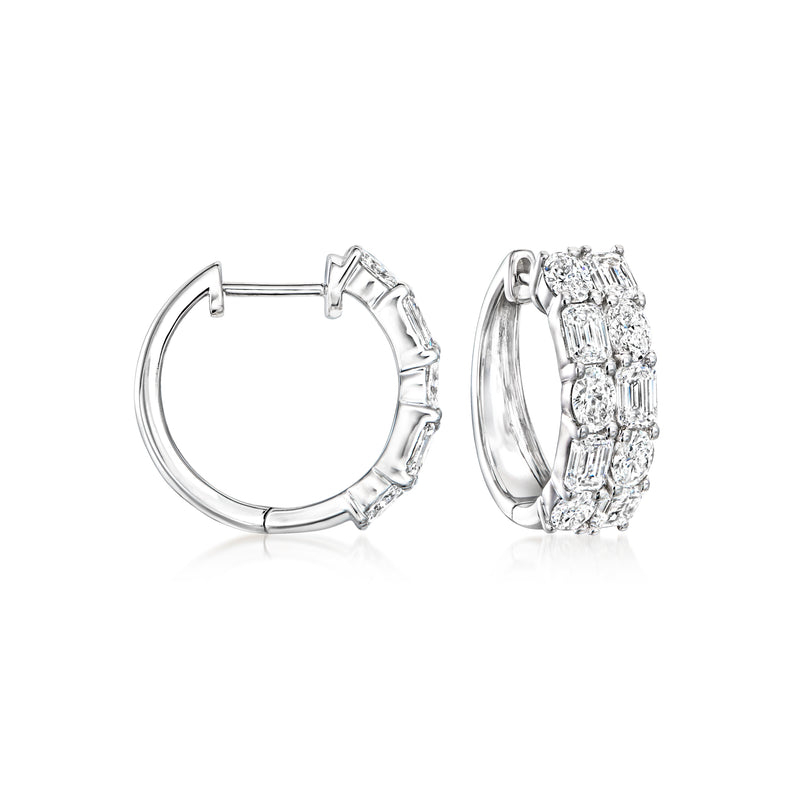 Two-row hoop earrings in 14kt white gold with oval and emerald-cut diamond accents