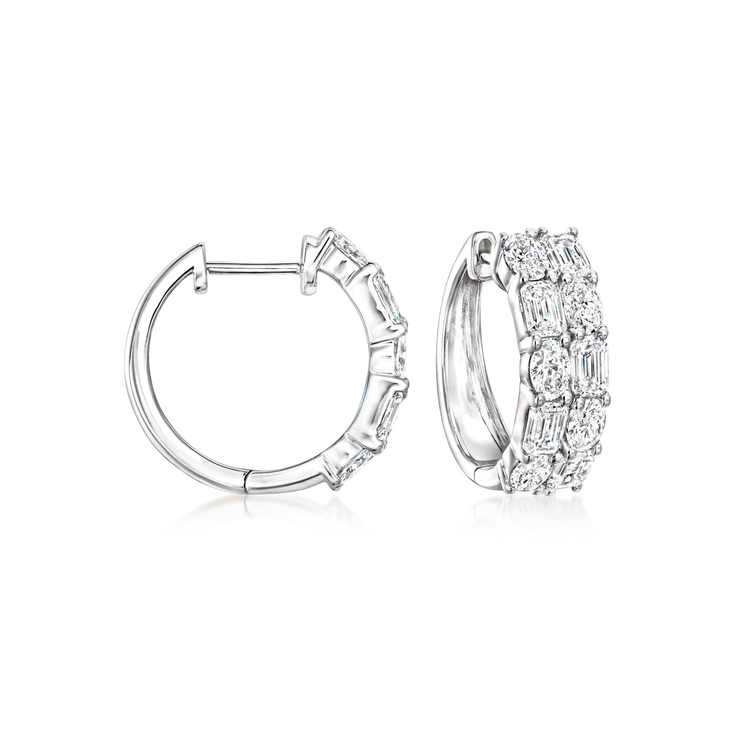 2.50 ct. t.w. Oval and Emerald-Cut Lab Grown Diamond Two-Row Hoop Earrings in 14kt White Gold