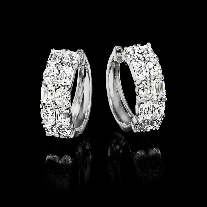 Two-row diamond hoop earrings with mixed oval and emerald-cut stones, 14kt white gold