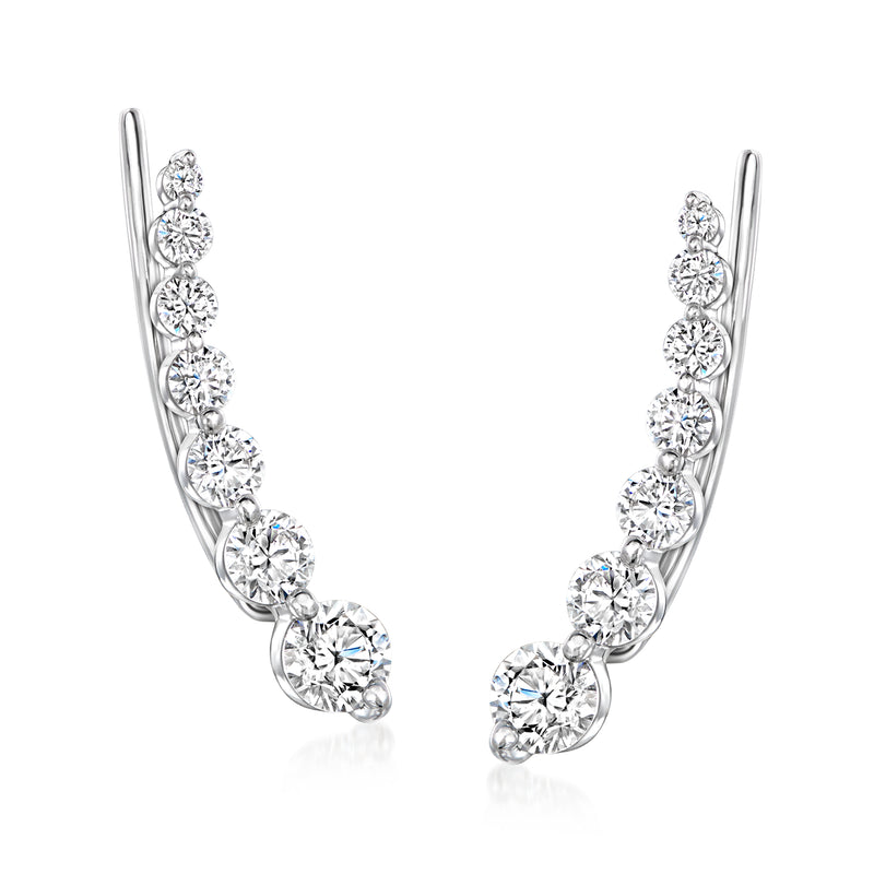 14kt white gold lab-grown diamond ear climber earrings, five round stones, curved design
