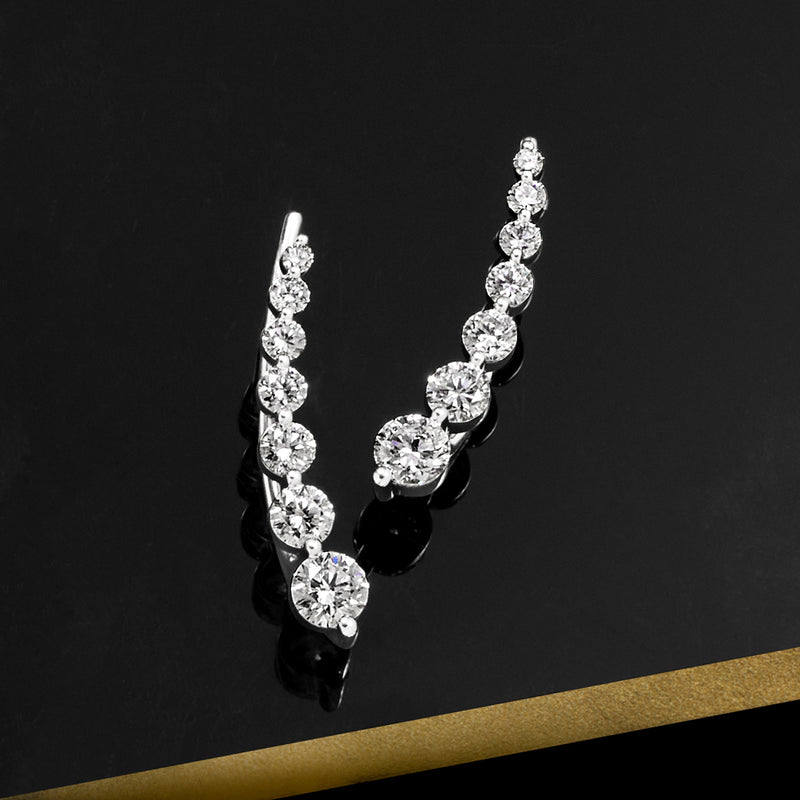 14kt white gold lab-grown diamond ear climber earrings with five round stones, angled view