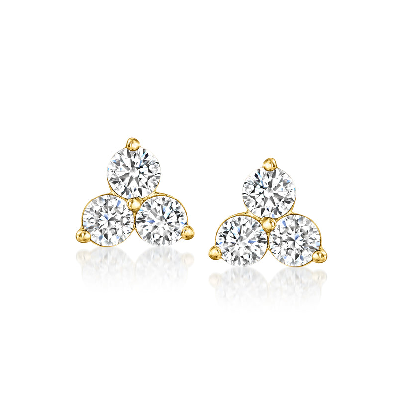 14kt yellow gold trio diamond stud earrings with three round stones per earring