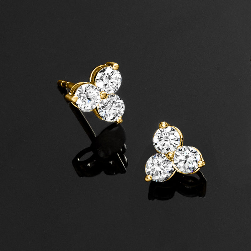 14kt yellow gold lab-grown diamond trio studs with post backs and three round stones