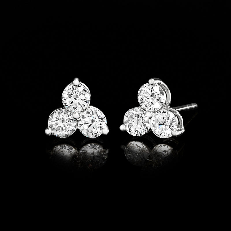 Lab-grown diamond trio stud earrings, round stones with visible post backs in white gold
