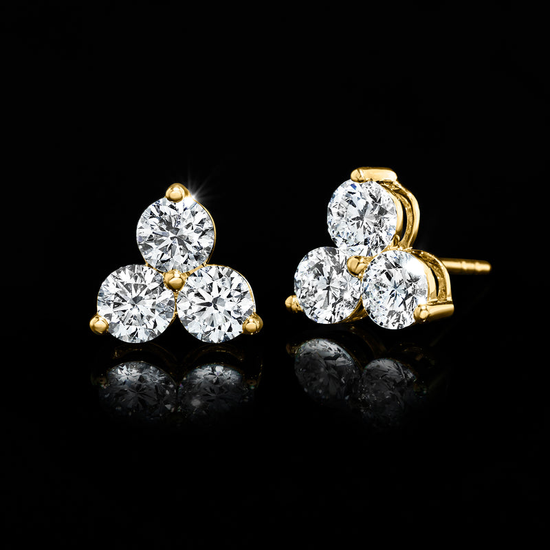 14kt yellow gold post earrings with three round lab-grown diamonds in a cluster