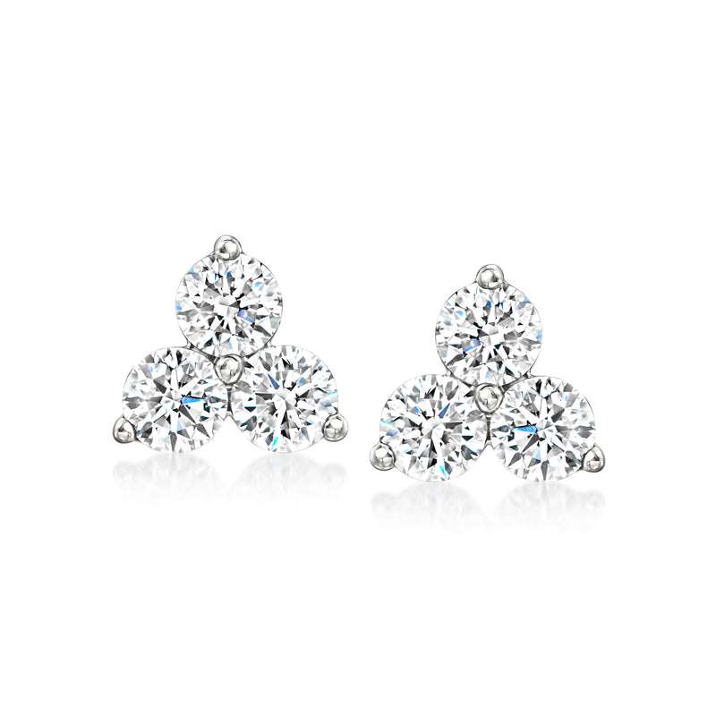 Three-stone lab-grown diamond stud earrings, round stones on white gold posts