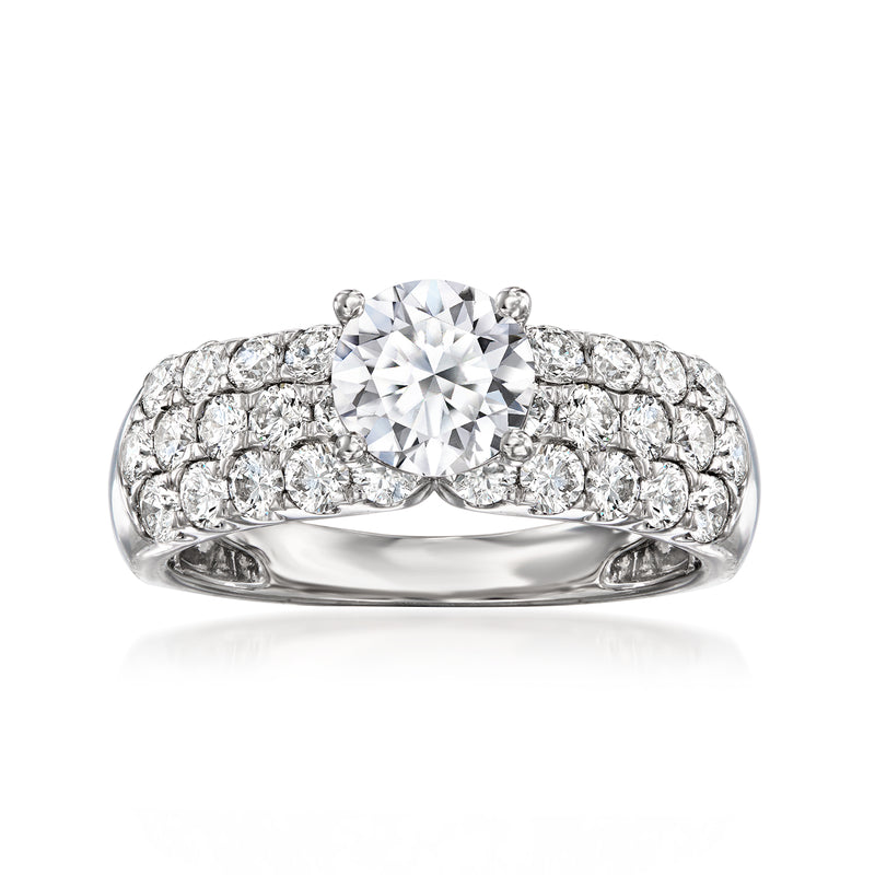 14kt white gold lab-grown diamond ring with round center stone and pavé shoulders