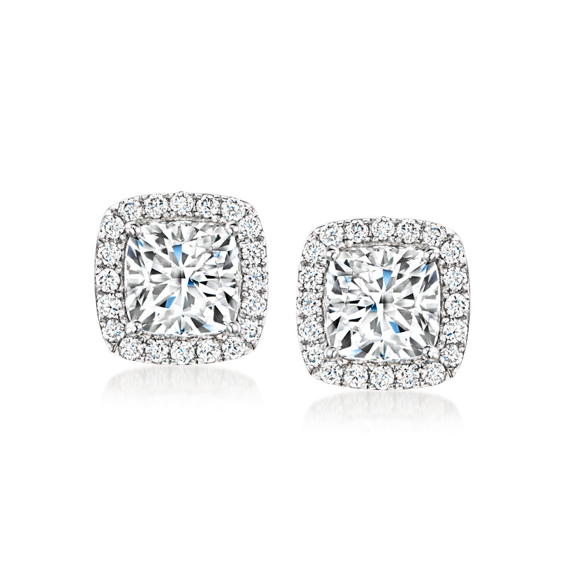 Cushion-cut lab-grown diamond stud earrings in 14k white gold, halo detail