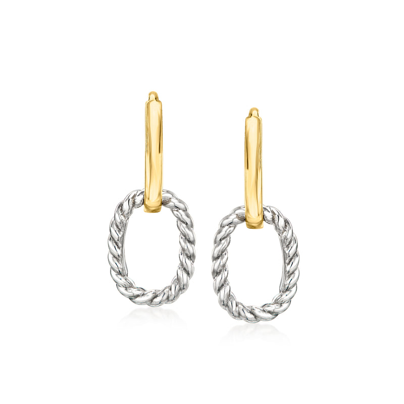 Interlocking drop earrings with yellow gold top posts and twisted sterling silver loops