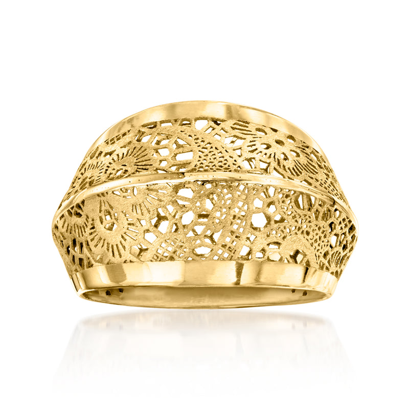 14kt yellow gold filigree ring with floral cutout detailing and rounded band