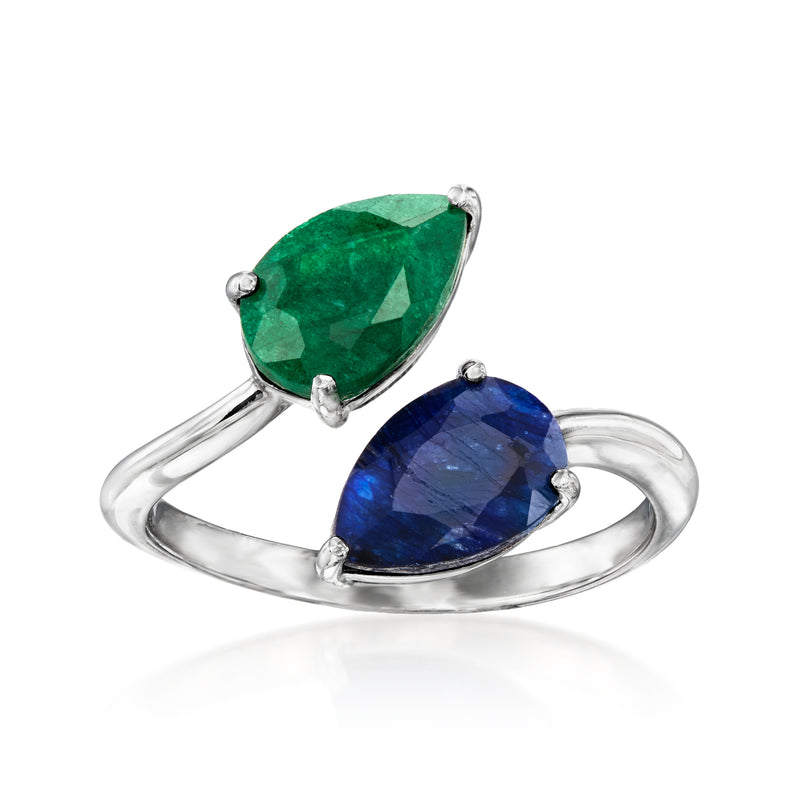 Sterling silver toi et moi ring with oval green and blue gemstones in prong settings