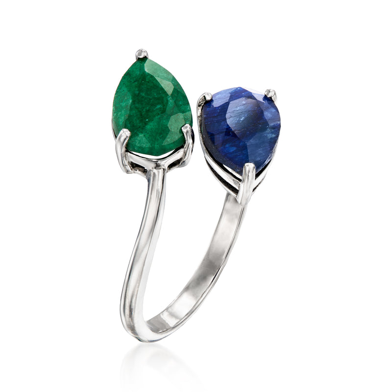 Sterling silver toi et moi ring with oval green top and blue side gemstones, prong-set