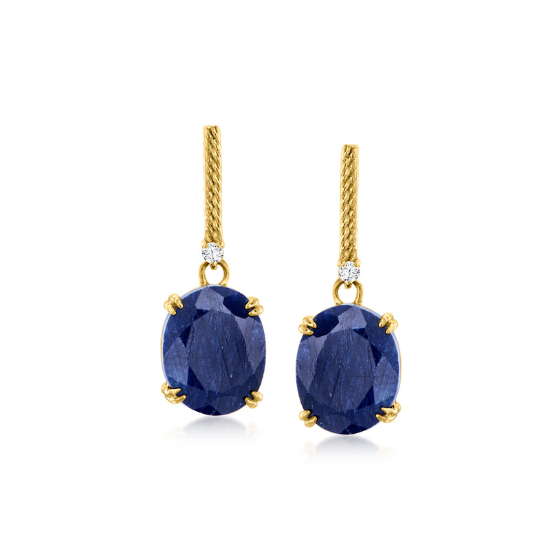 Gold drop earrings with oval blue sapphire stones and white topaz accents