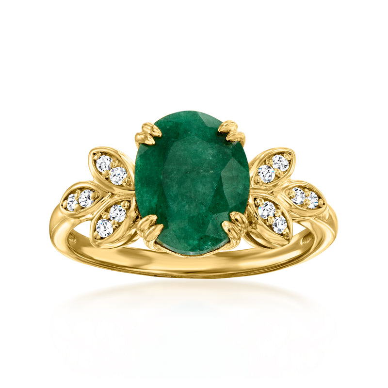 Gold ring with emerald-green oval stone and round white gemstone accents