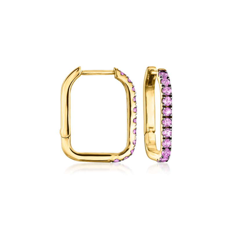 Gold hoop earrings with square shape and purple amethyst gemstone accents