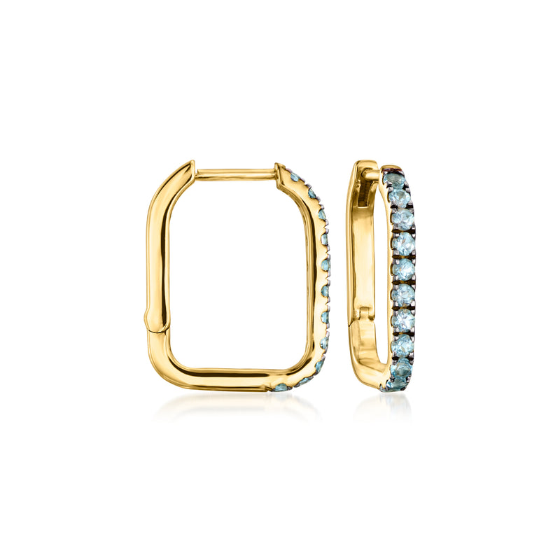 18kt gold hoop earrings with square wire frame and sky-blue stones