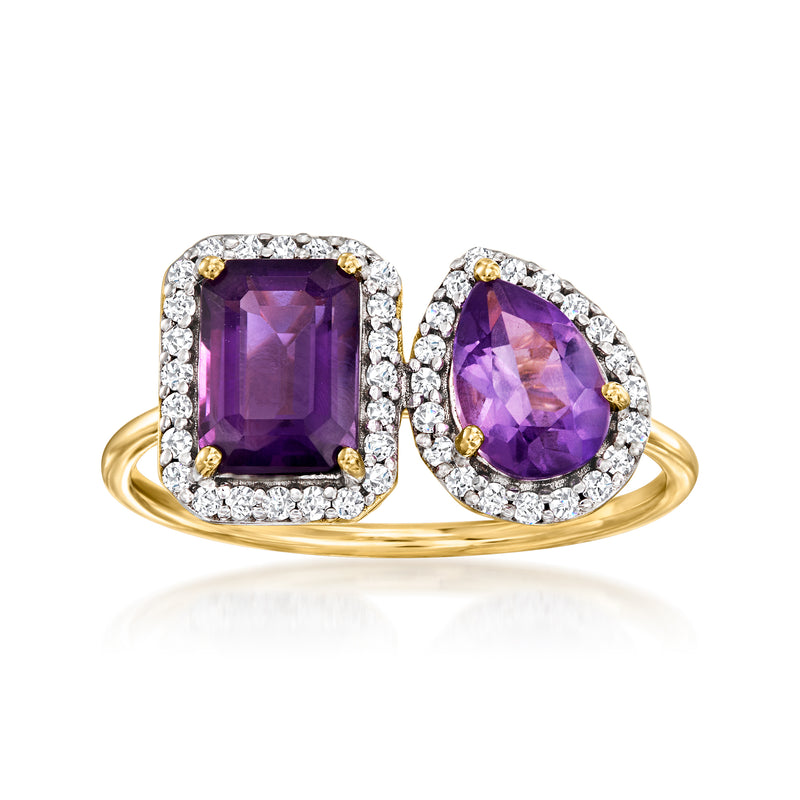 14kt yellow gold toi et moi ring with two purple amethyst stones and diamond halos