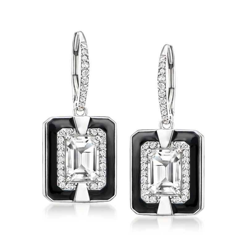 Sterling silver leverback drop earrings with white topaz-style stones and black enamel frames