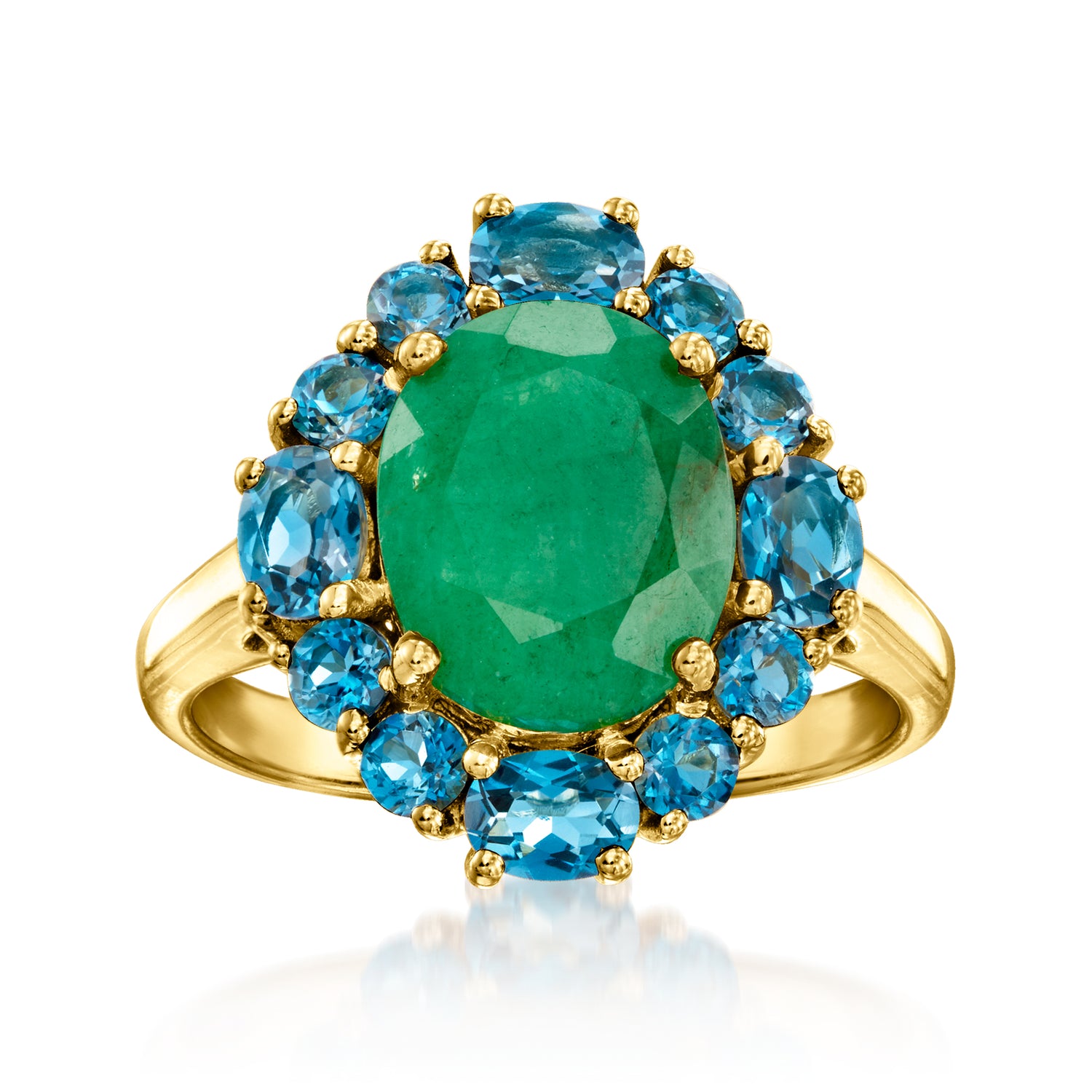 2.80 Carat Emerald and 1.40 ct. t.w. London Blue Topaz Ring in 18kt Gold Over Sterling