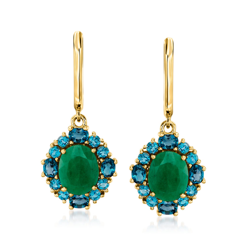 Gold drop earrings: oval green center with blue gemstone halo, gold frames.
