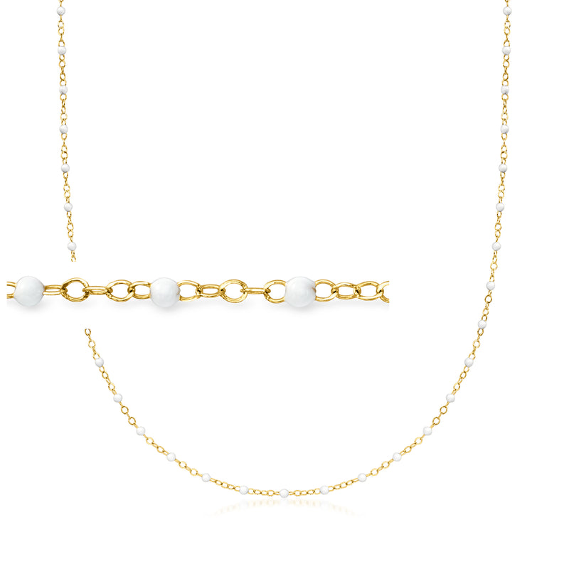 14kt yellow gold station necklace with white enamel bead links and lobster clasp