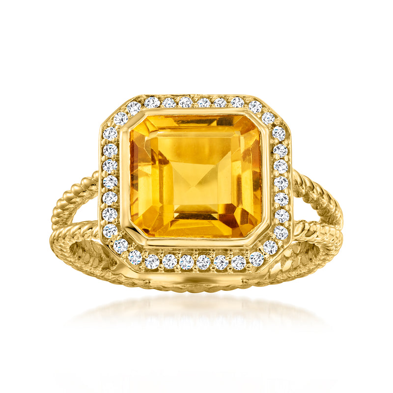 18kt gold citrine ring with square gemstone center and white stone halo