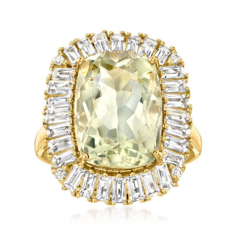Gold over sterling ring with large pale green cushion prasiolite center and baguette topaz