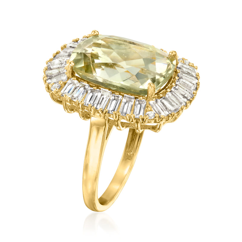 Gold over sterling ring with oval pale green prasiolite center and baguette white topaz halo
