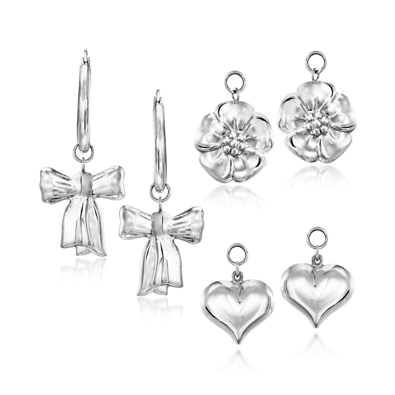 Sterling silver hoop earrings with removable charm set: bow, flower, and heart styles