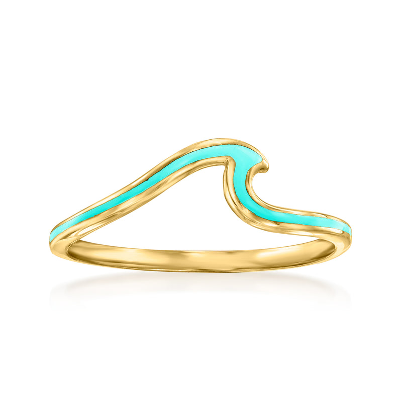 14kt yellow gold wave ring with turquoise enamel detail on the band