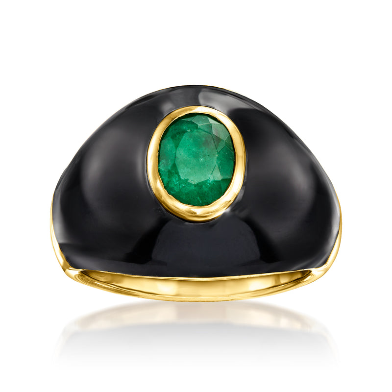 Black enamel gemstone ring with gold bezel and emerald-green center