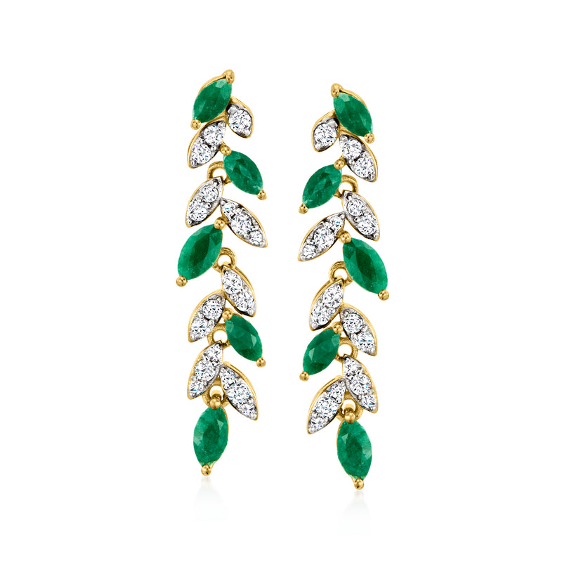 Gold-tone leaf drop earrings with green oval stones and white marquise accents