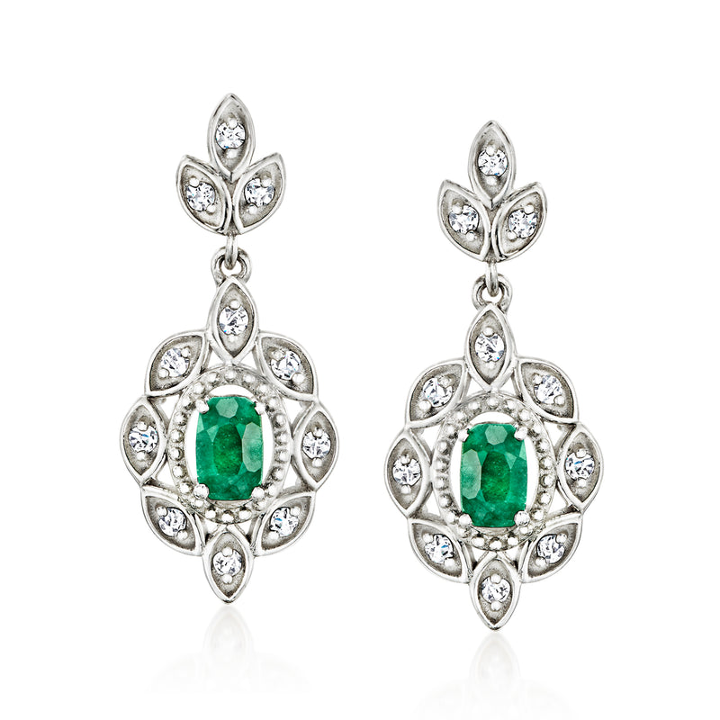 Sterling silver drop earrings with green oval gemstone and clear round accents
