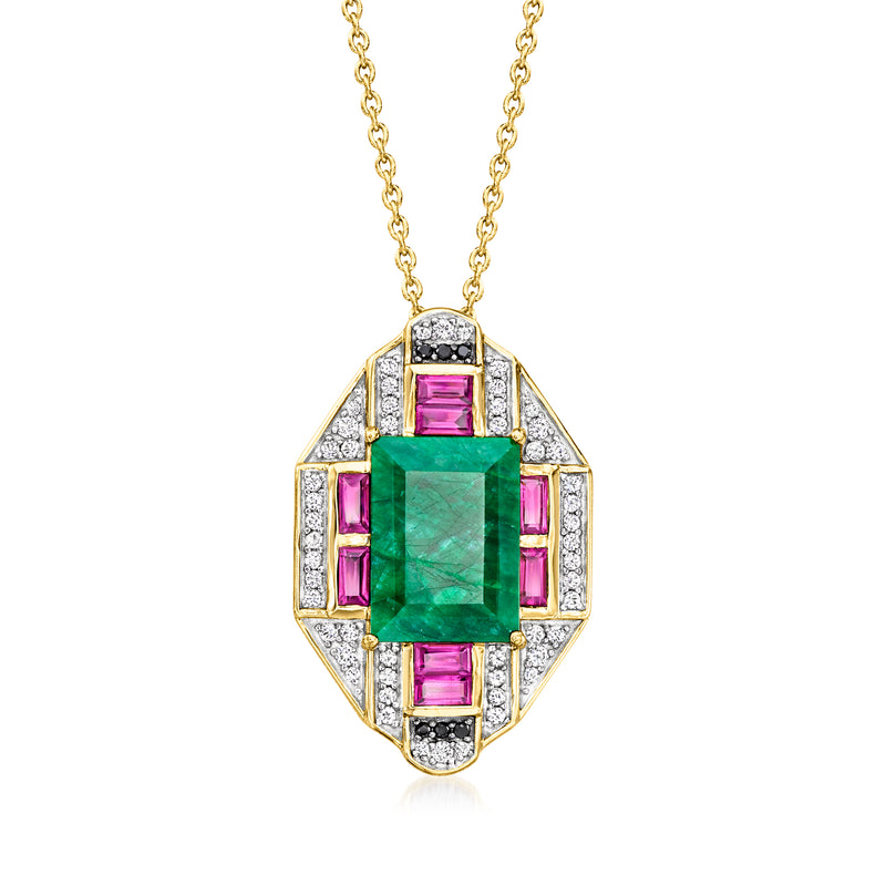Gold-tone gemstone pendant necklace with emerald-green center and pink side stones