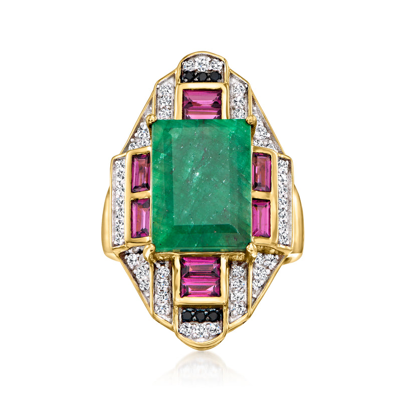 Gold-tone ring with emerald-cut green center, purple baguette accents, diamond halo
