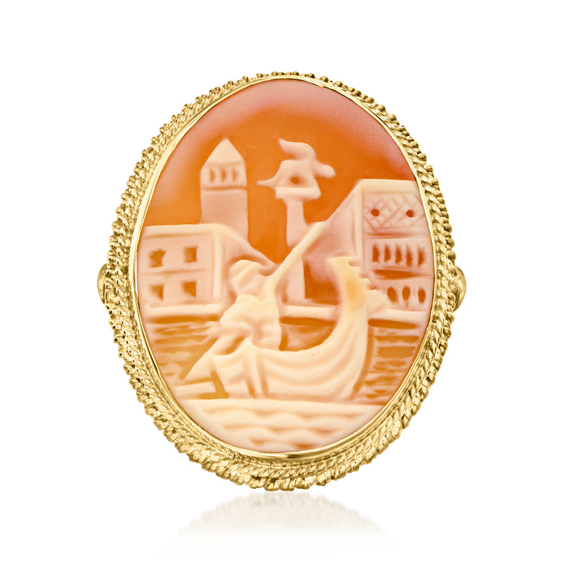 Orange shell cameo ring with gold oval frame and gondola scene