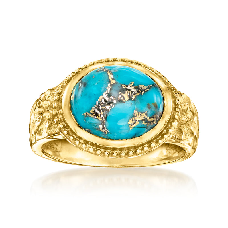 18kt gold over sterling ring with oval turquoise cabochon and decorative bezel