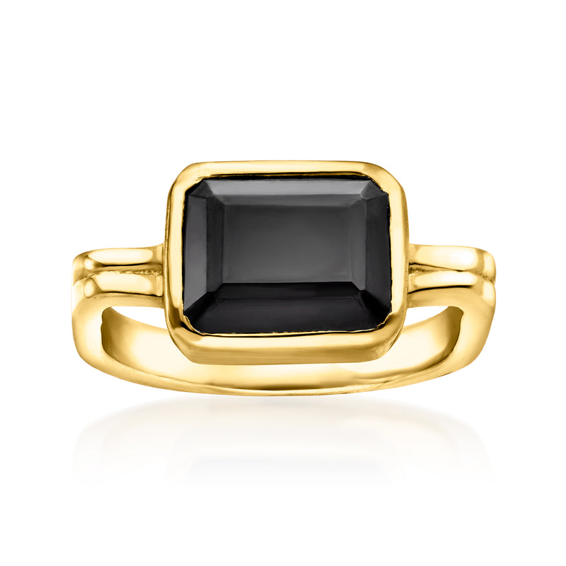 Gold over sterling ring with square black onyx gemstone bezel and rounded band.